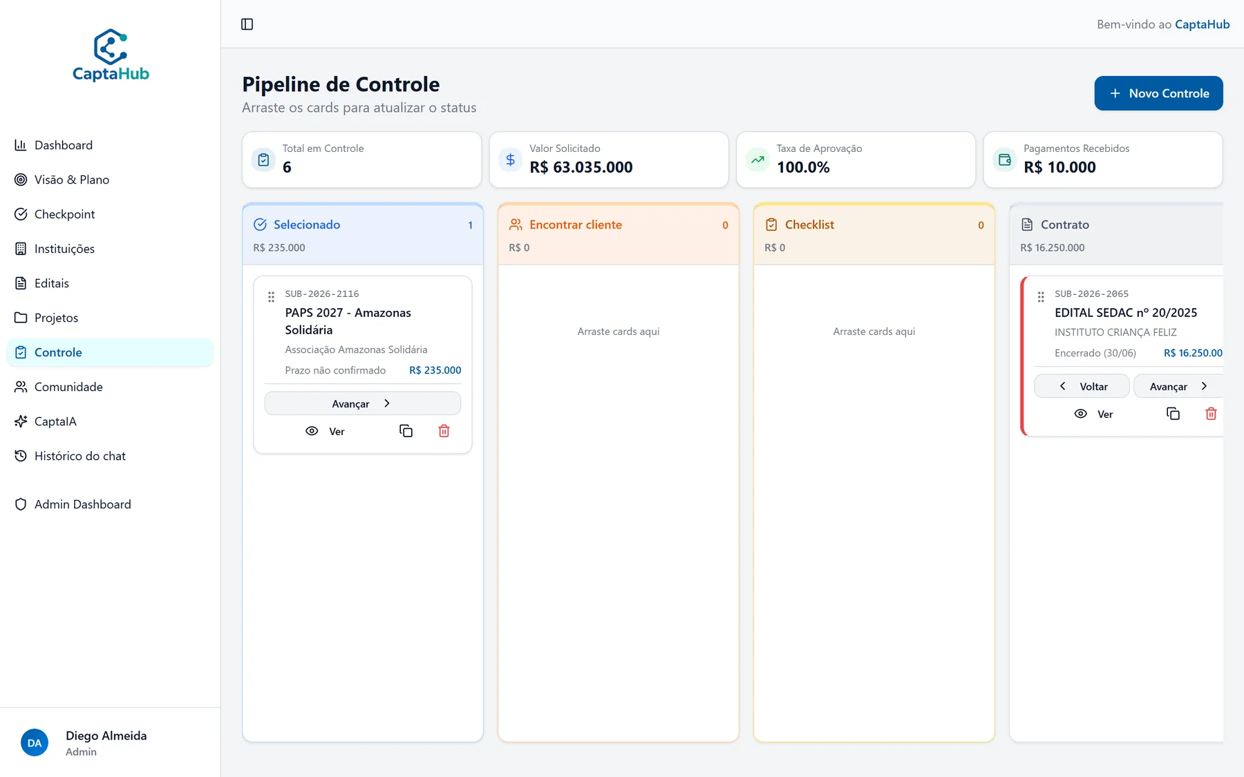 Pipeline de Controle real do CaptaHub com as primeiras colunas do kanban