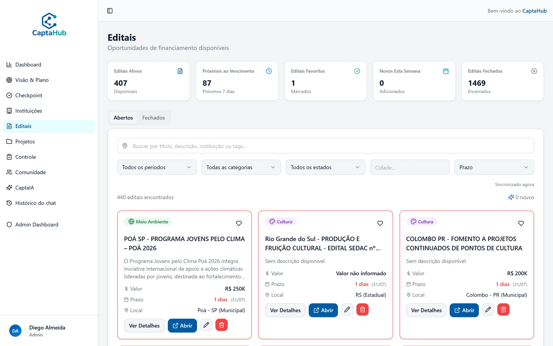 Aba Editais real do CaptaHub com 407 editais ativos, 87 próximos ao vencimento, 1469 fechados, busca, filtros e cards de editais com valor, abrangência e badges vermelhos de prazo