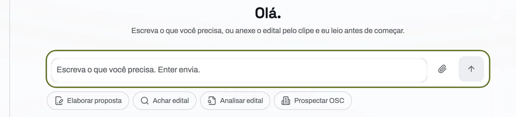 Tela do CaptaIA com o campo de conversa e as quatro ações disponíveis: Elaborar proposta, Achar edital, Analisar edital e Prospectar OSC.